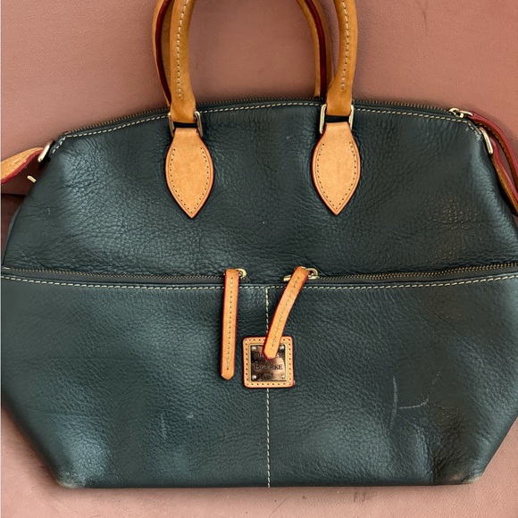 Dooney & Bourke Handbags - Dooney & Bourke Black Leather Satchel with Tan Trim and Handles
